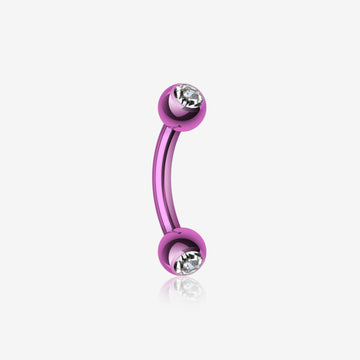 Colorline PVD Double Gem Ball Curved Barbell Eyebrow Ring-Purple/Clear
